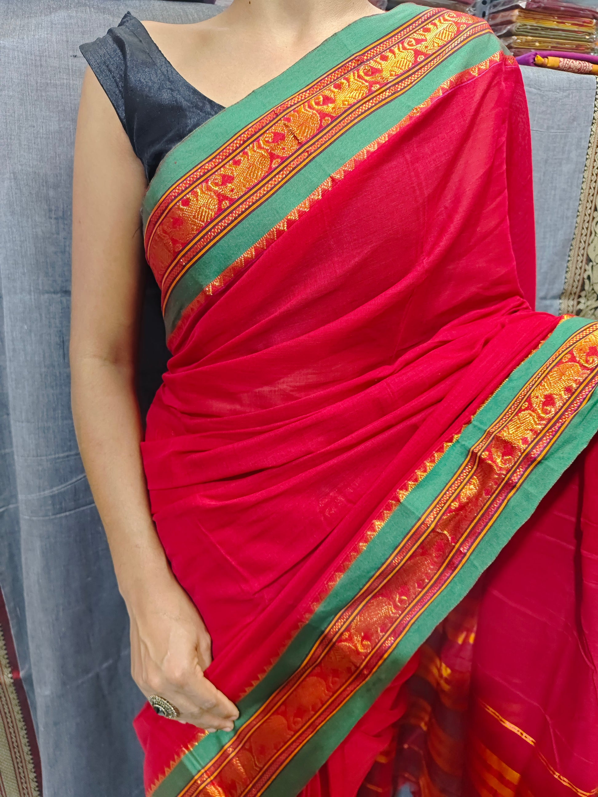 Red Elephant Jari Border Narayanpet Pure cotton saree