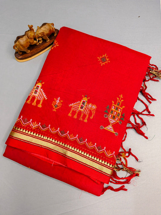 Red Kasuti Embroidered Narayanapet Pure Cotton saree
