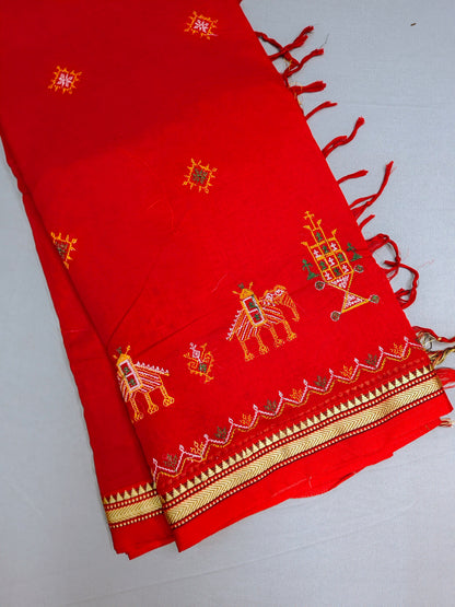 Red Kasuti Embroidered Narayanapet Pure Cotton saree