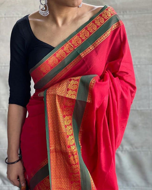 Red Peacock Border Narayanpet Pure Handloom Cotton Sarees (Red by Green)
