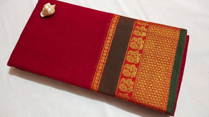 Red Peacock Border Narayanpet Pure Handloom Cotton Sarees (Red by Green)
