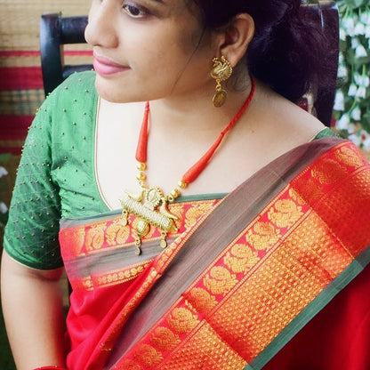 Red Peacock Border Narayanpet Pure Handloom Cotton Sarees (Red by Green)