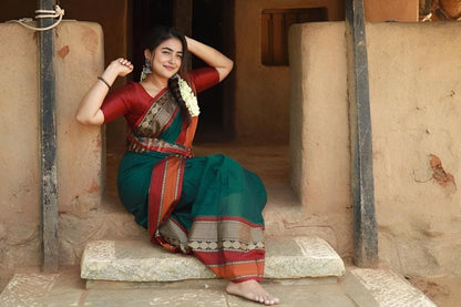 Rukmini Bottle green Narayanpet Pure cotton saree