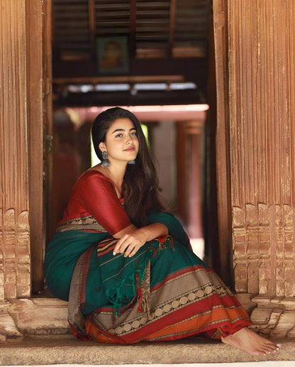 Rukmini Bottle green Narayanpet Pure cotton saree