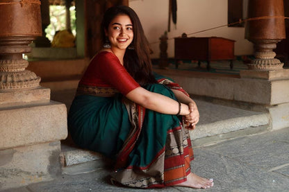 Rukmini Bottle green Narayanpet Pure cotton saree