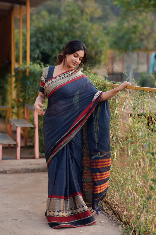 Rukmini Steel Grey Narayanpet Pure Cotton Saree