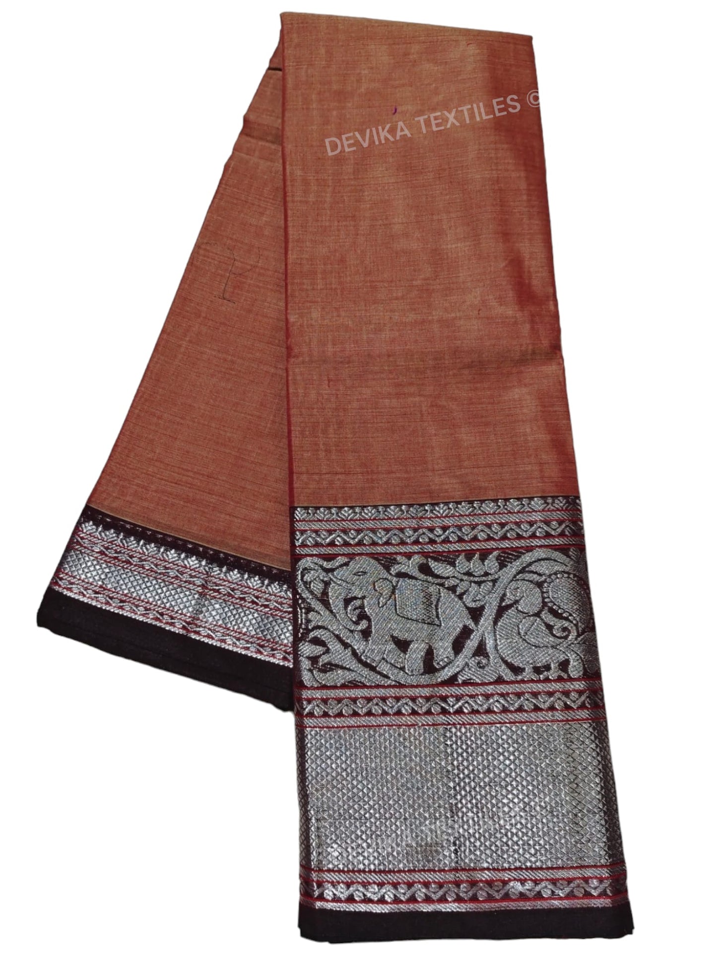 Rust Tanvi silver border Pure cotton Narayanpeth handloom  saree with running blouse piece
