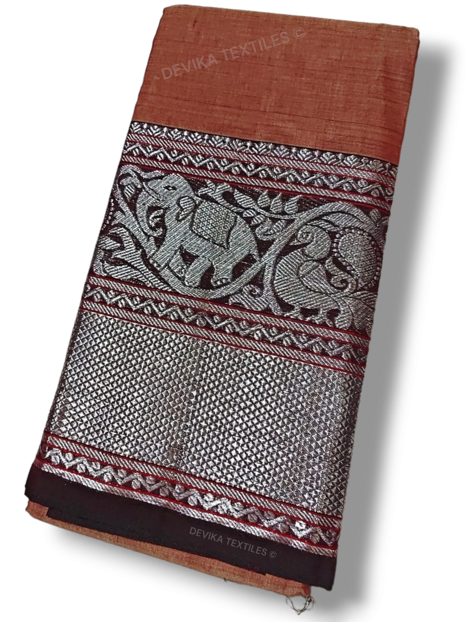 Rust Tanvi silver border Pure cotton Narayanpeth handloom  saree with running blouse piece