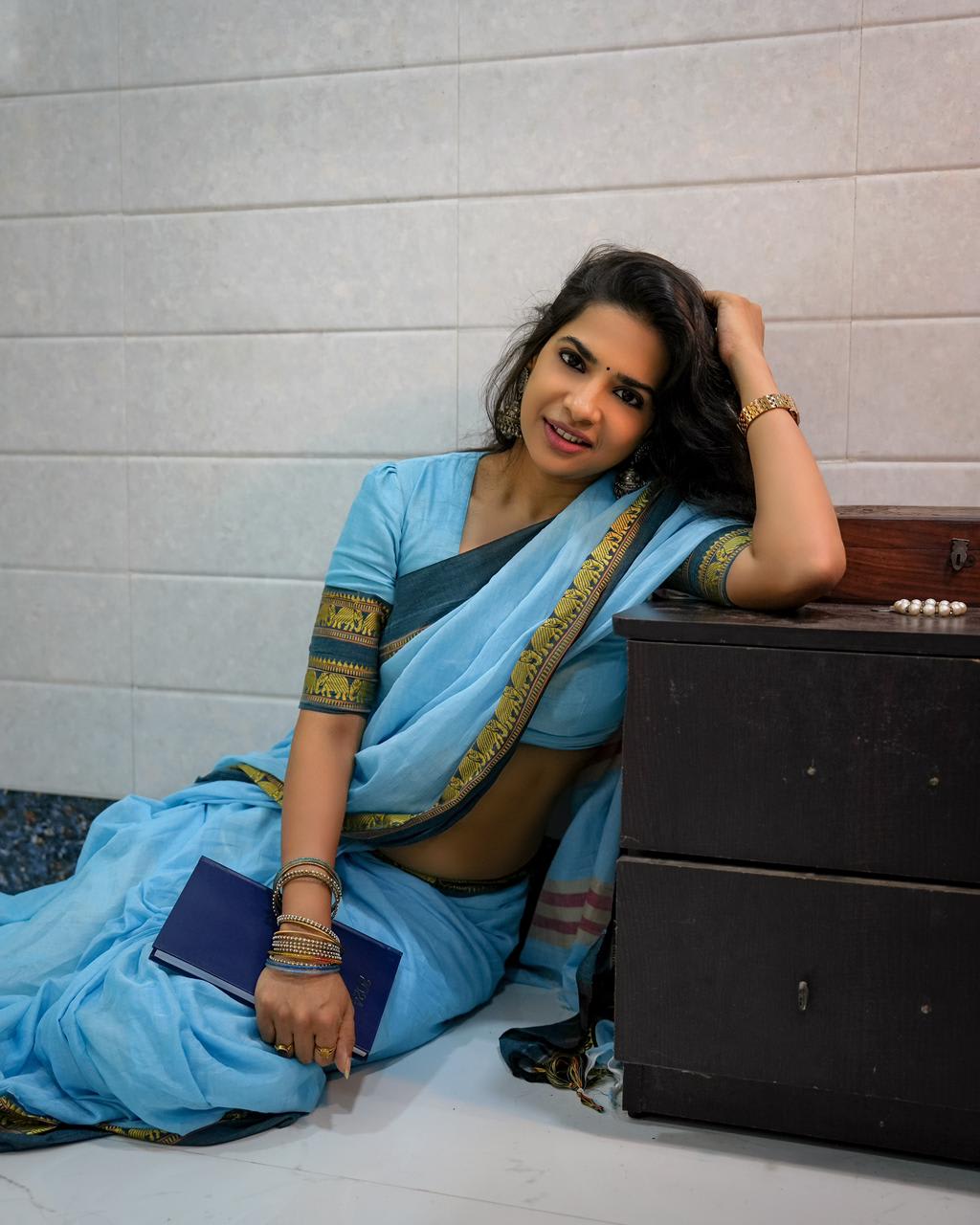 Sky Blue Elephant Border Narayanpeth Pure Cotton saree with Running Blouse piece (same as saree)