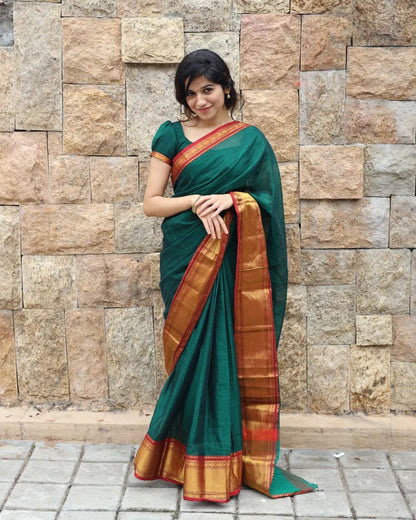 Tanushri Bottle Green Narayanpet Pure Handloom Cotton Saree with Running blouse piece