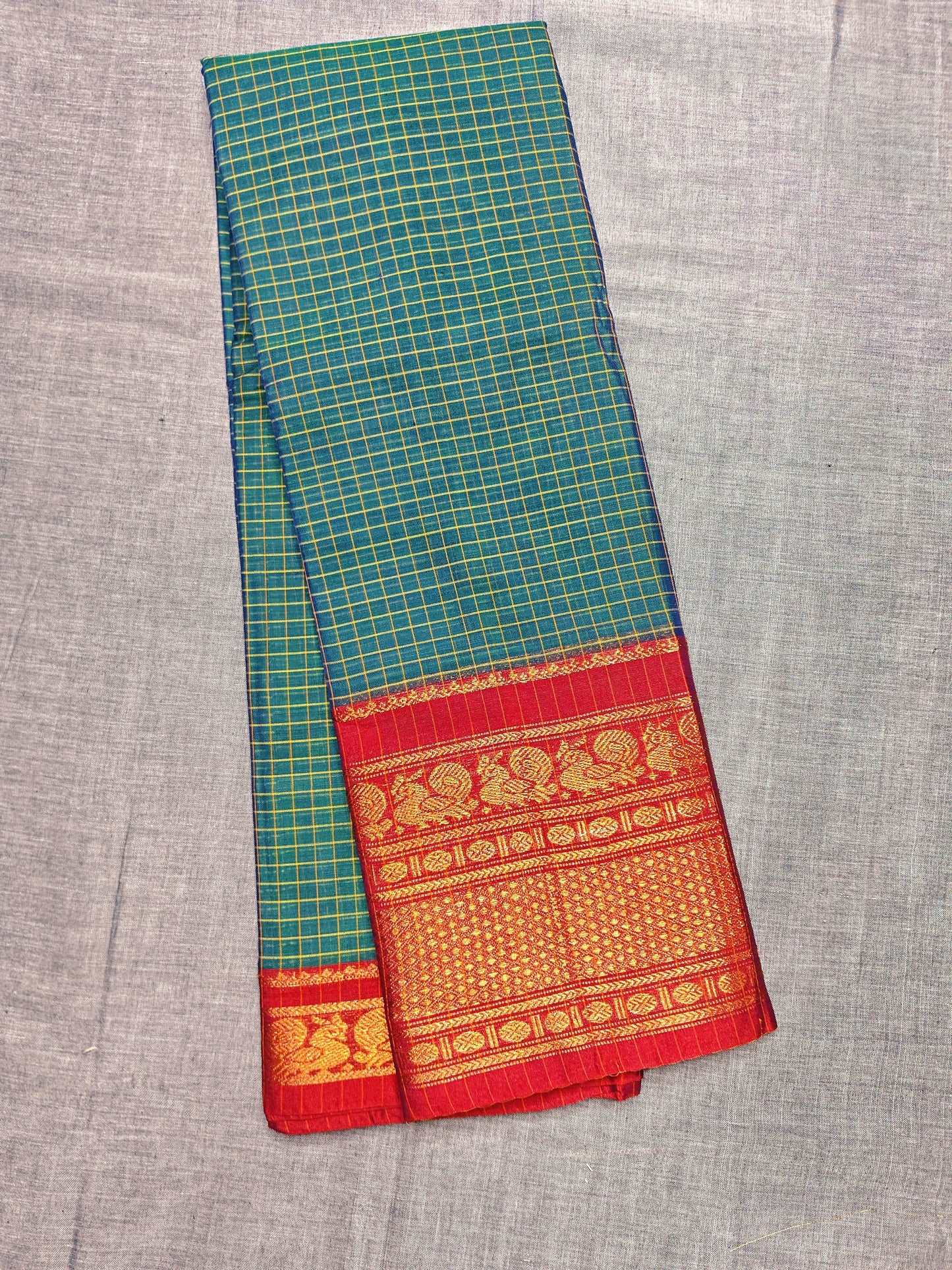 Rama Green Checked Pattern peacock Narayanpet Pure Cotton saree with Running blouse piece