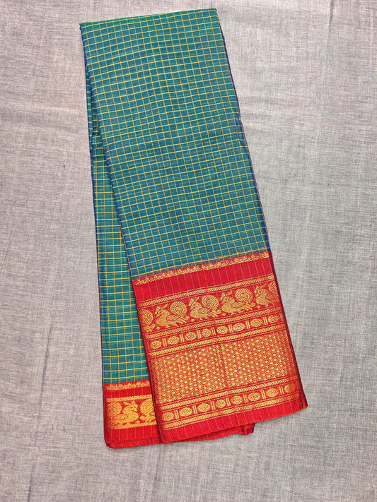 Rama Green Checked Pattern peacock Narayanpet Pure Cotton saree with Running blouse piece