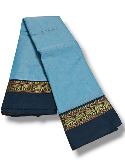 Sky Blue Elephant Border Narayanpeth Pure Cotton saree with Running Blouse piece (same as saree)