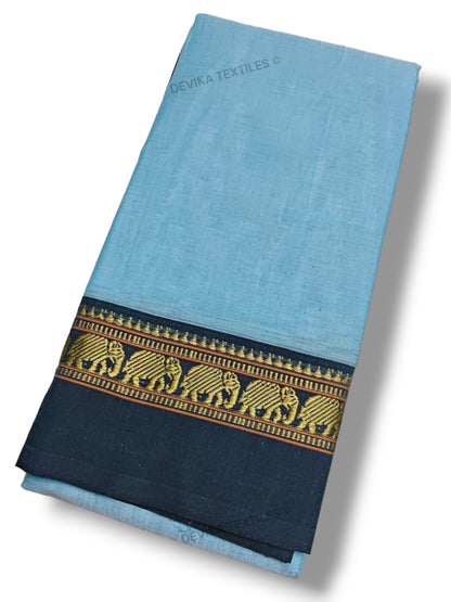 Sky Blue Elephant Border Narayanpeth Pure Cotton saree with Running Blouse piece (same as saree)