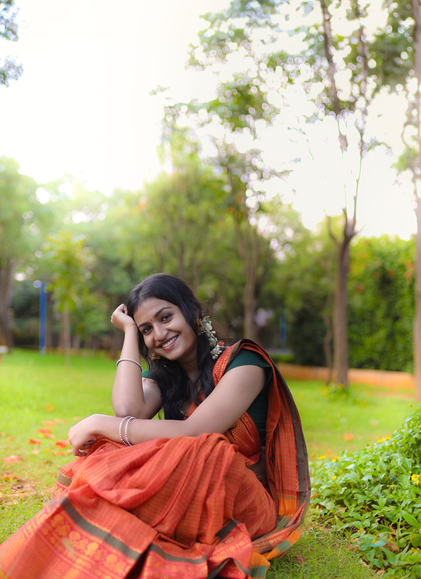 VAISHNAVI Orange Checked Pattern Narayanpet Pure Cotton saree