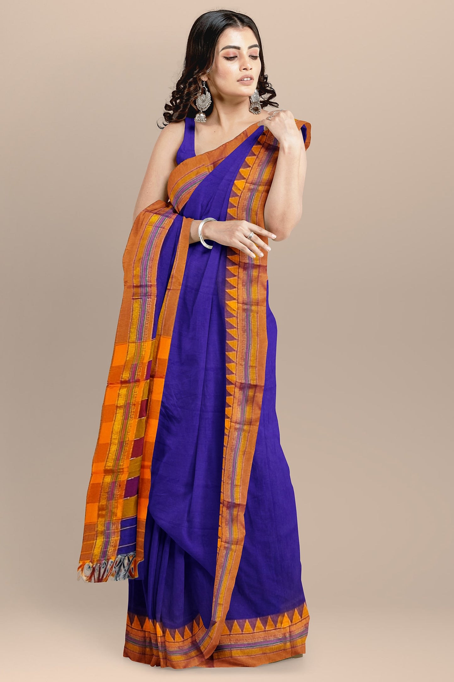 VOILET COTTON SILK M BORDER ILKAL SAREE WITH RUNNING BLOUSE PIECE FOR WOMENS