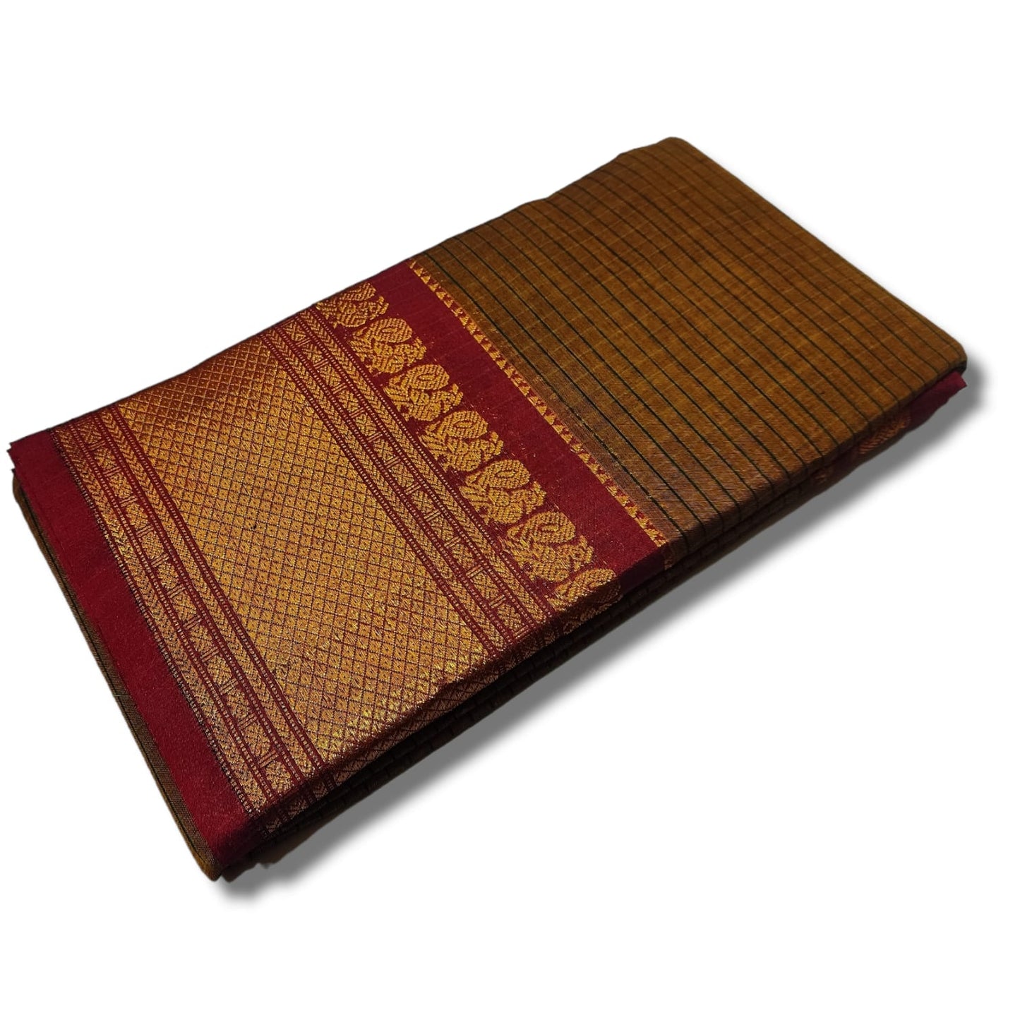 Brown Check Narayanpet Cotton saree Woven Gold Jari In Border with Running blouse piece (Check_Khaki) For Women