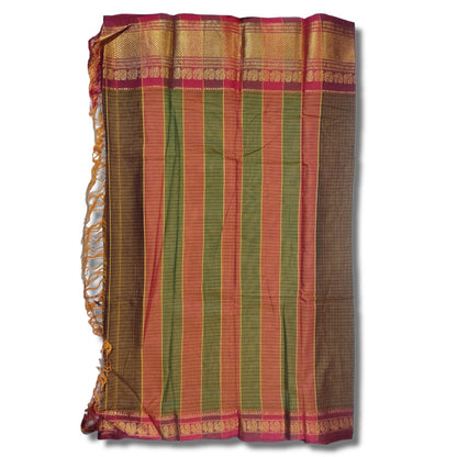 Brown Check Narayanpet Cotton saree Woven Gold Jari In Border with Running blouse piece (Check_Khaki) For Women