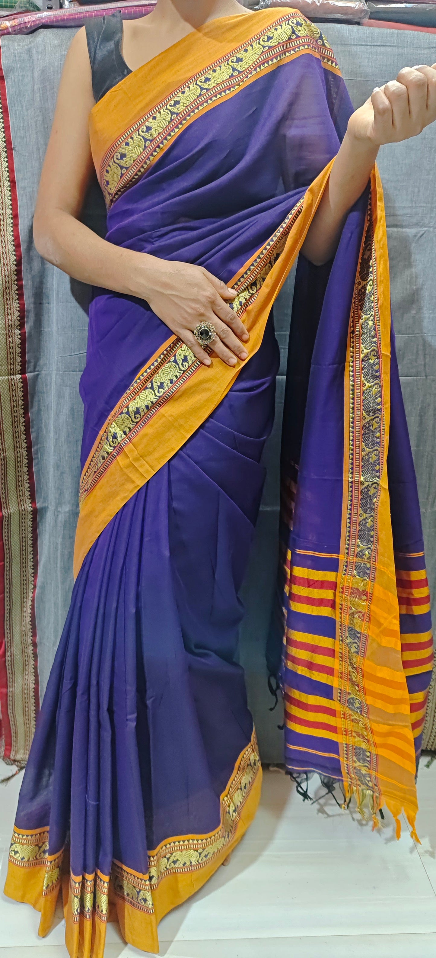 Voilet Elephant Border Narayanpet Pure cotton saree