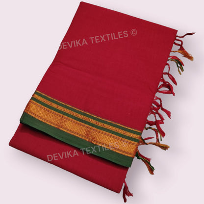 Red ilkal paras border pure mercerised cotton saree with running blouse piece