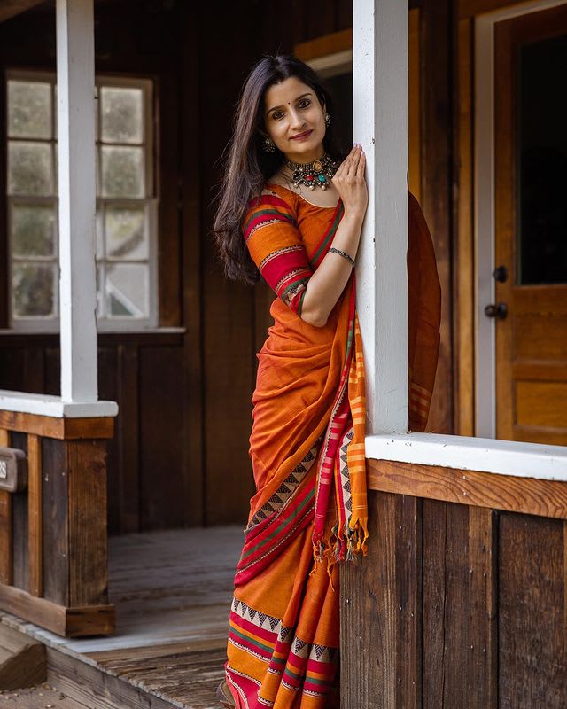 Orange Rangoli Border Narayanpet Pure Handloom Cotton Sarees with Running blouse piece