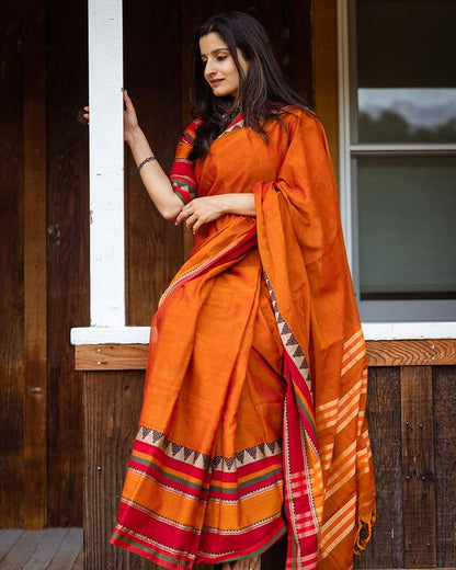 Orange Rangoli Border Narayanpet Pure Handloom Cotton Sarees with Running blouse piece