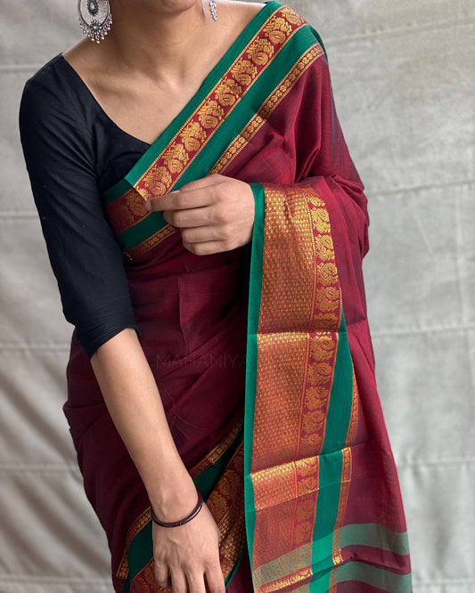 Fabulous Narayanpet Pure Cotton Saree With Running Blouse Piece (Maroon) For Women