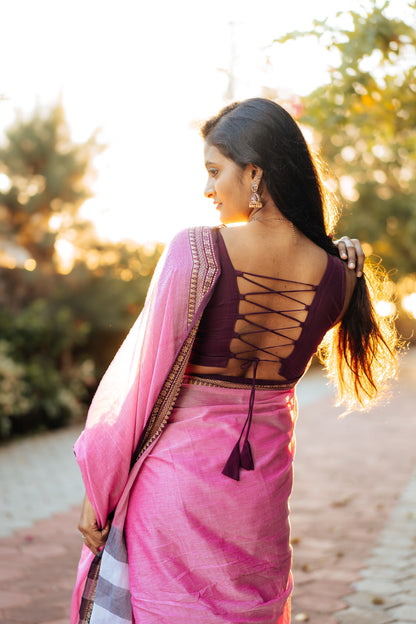 gouthami pinkish grey  Narayanpet Pure Handloom Cotton Sarees with Running blouse piece