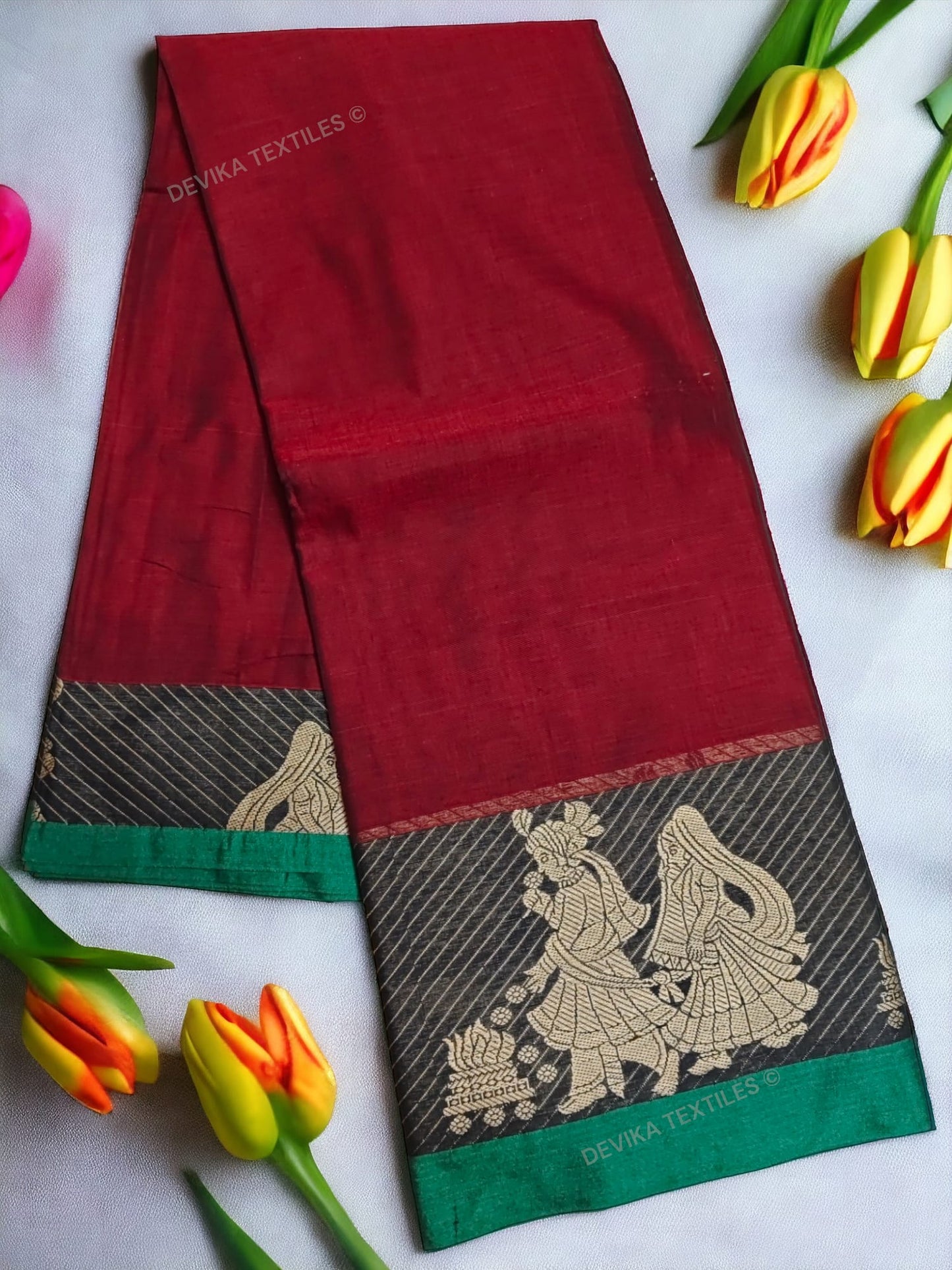 Maroon Sapthapadhi Narayanpeth Pure Handloom Cotton saree with Running blouse piece (Same As Saree)