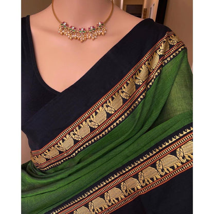Elephant Border Treditional Handloom Pure Masarised Cotton Saree With Running Blouse Piece (Green) For Women