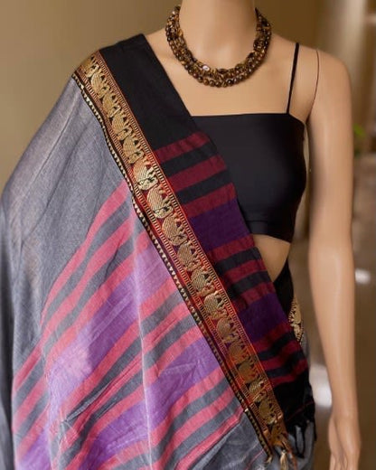 Netra Narayanpet Cotton Sarees Steel Grey Handloom Cotton Sarees For Women