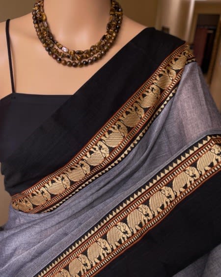 Netra Narayanpet Cotton Sarees Steel Grey Handloom Cotton Sarees For Women