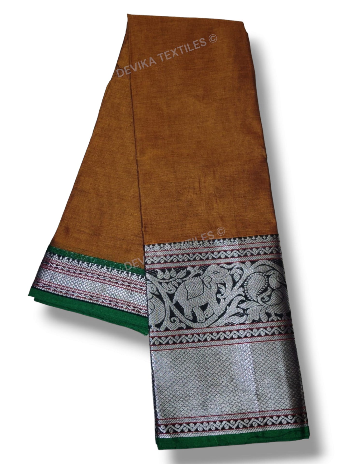 Khaki Tanvi silver border Pure cotton Narayanpeth handloom  saree with running blouse piece