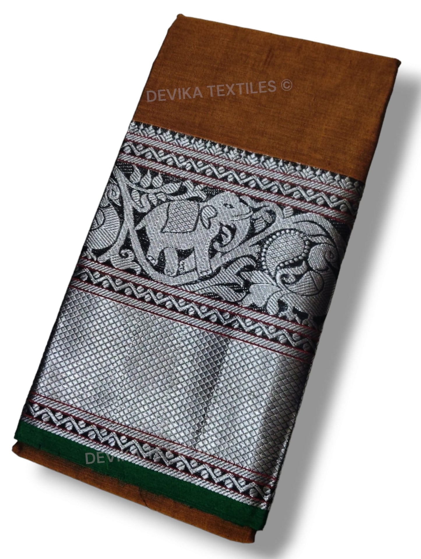 Khaki Tanvi silver border Pure cotton Narayanpeth handloom  saree with running blouse piece