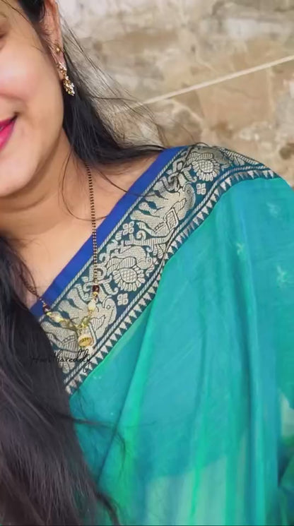 Teal Cotton Narayanpet Saree with Traditional Border | Handloom Style Look