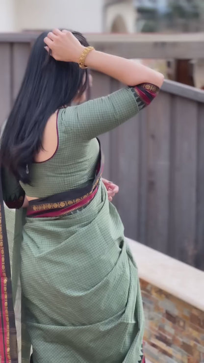 Pista Green Checkerd pattern Narayanapet Pure Cotton saree