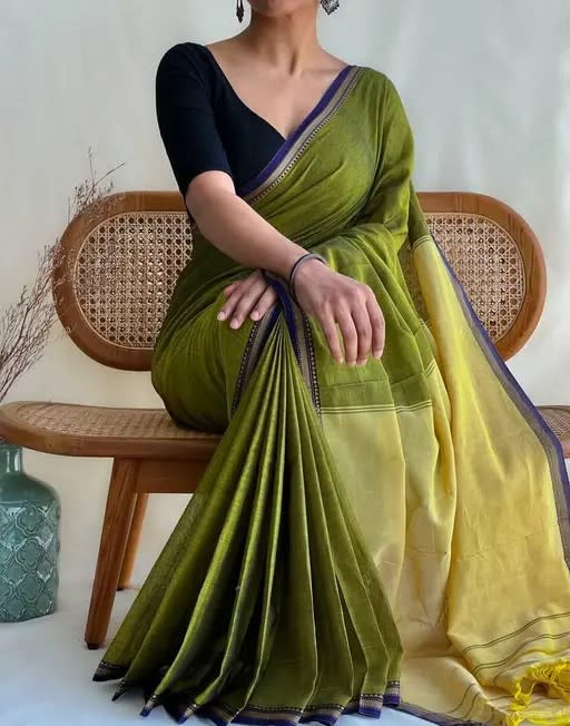 Mehandi Ashwini Narayanpeth Pure Mercerised cotton Handloom Saree With Running Blouse Piece (Same as saree)