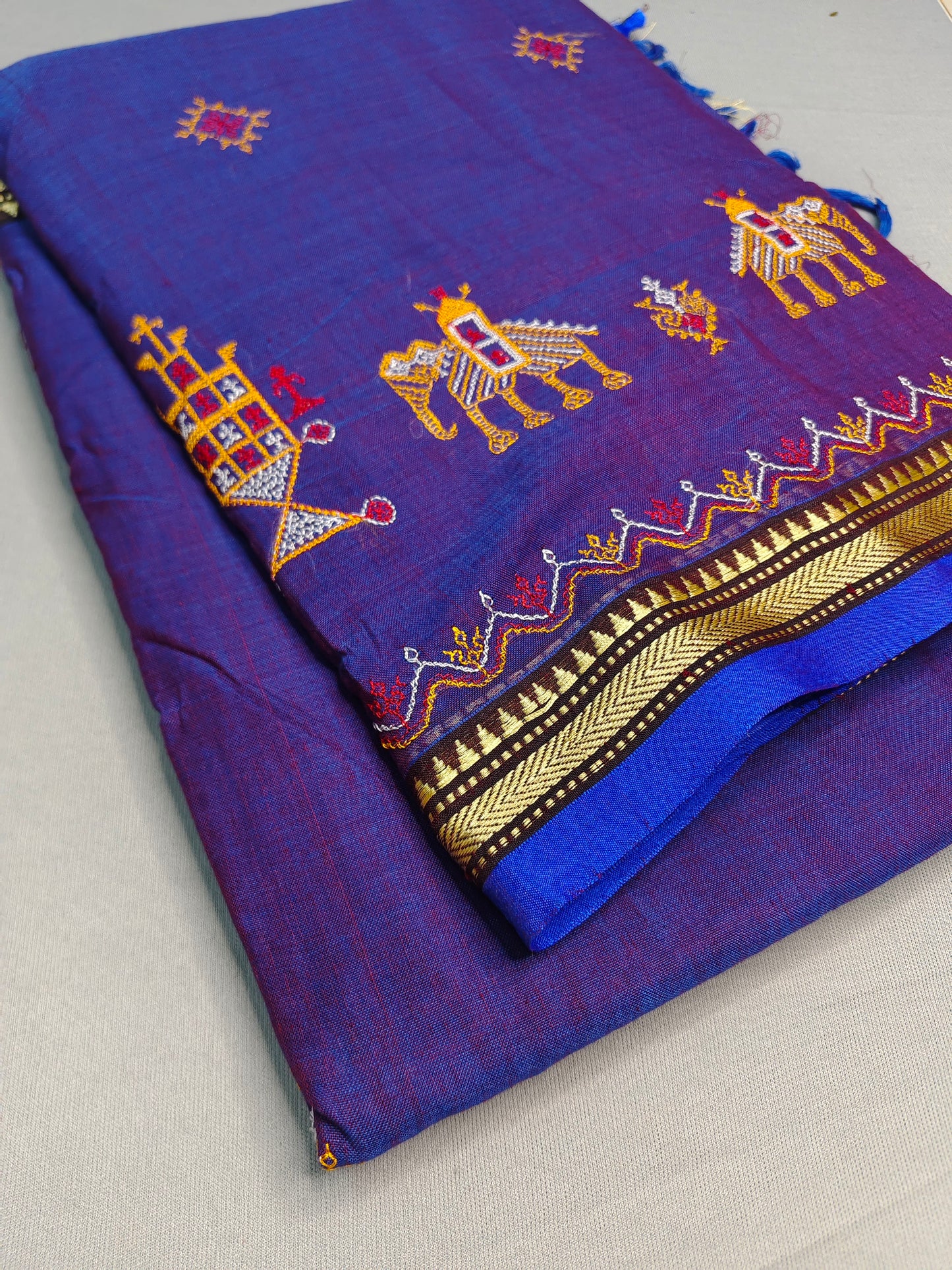 Royal Blue Kasuti Embroidered Narayanapet Pure Cotton saree