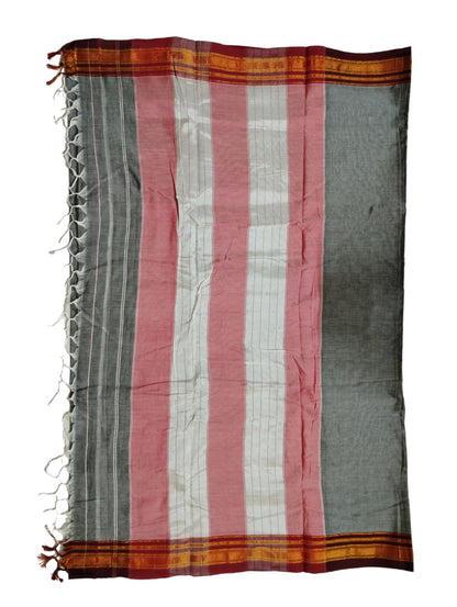 Grey ilkal paras border pure mercerised cotton saree with running blouse piece