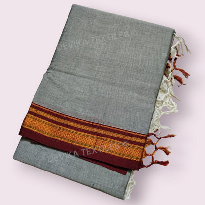 Grey ilkal paras border pure mercerised cotton saree with running blouse piece