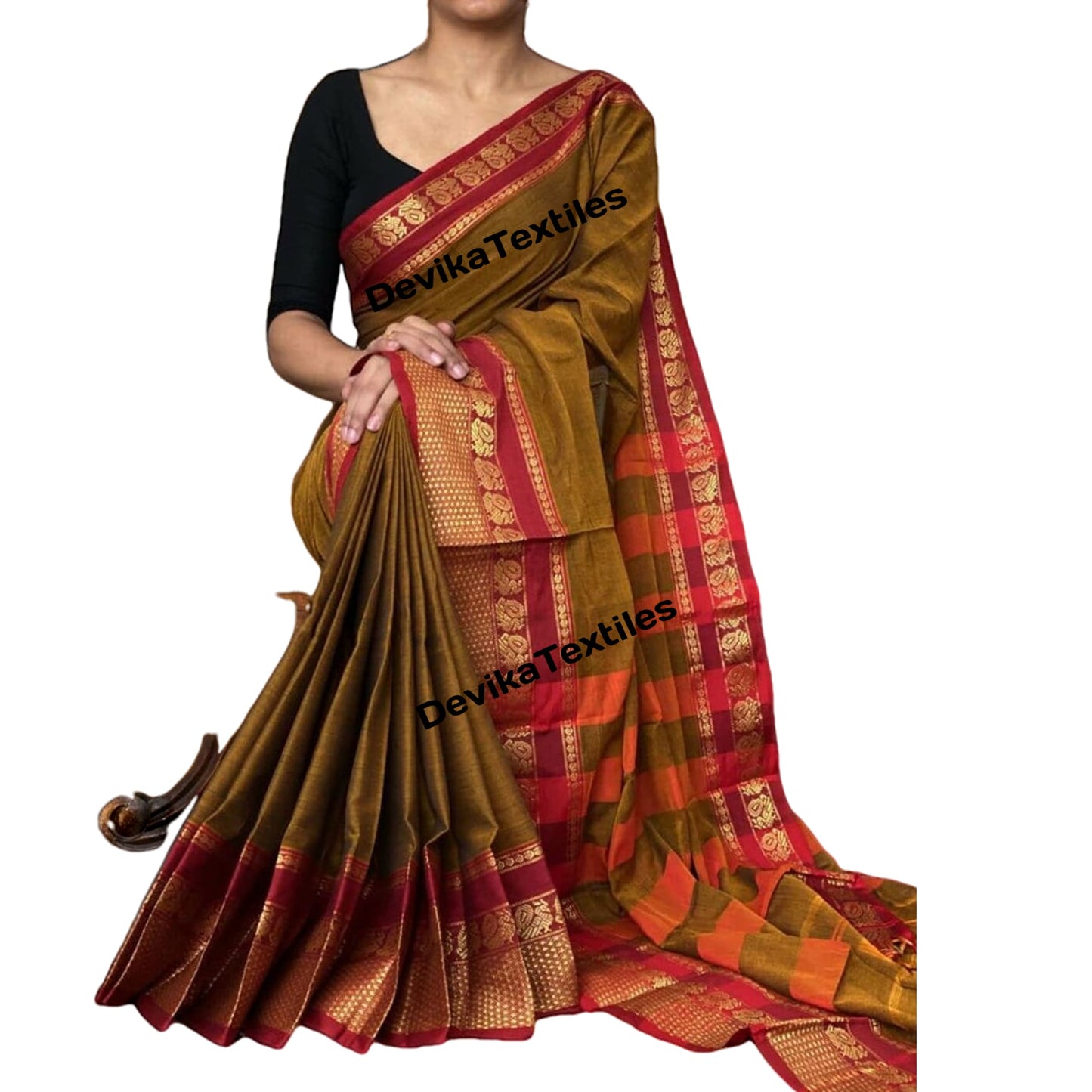 Narayanpet Pure Cotton Saree With Running Blouse Piece (Khaki) For Women