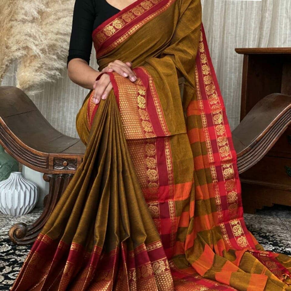 Narayanpet Pure Cotton Saree With Running Blouse Piece (Khaki) For Women