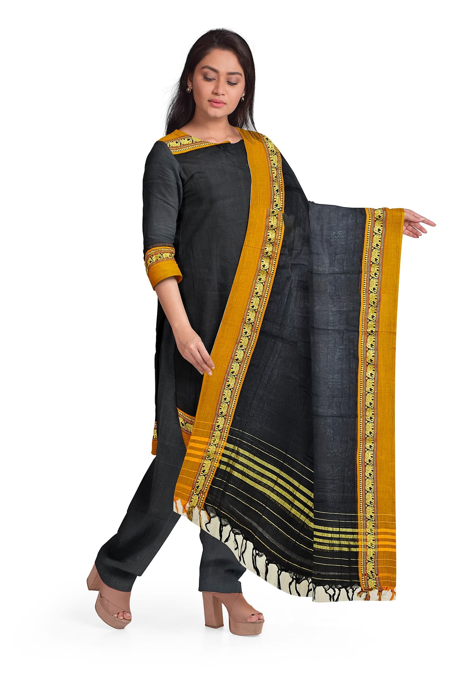 Black 100% Pure Narayanpeth Cotton Elephant Border Dress Material
