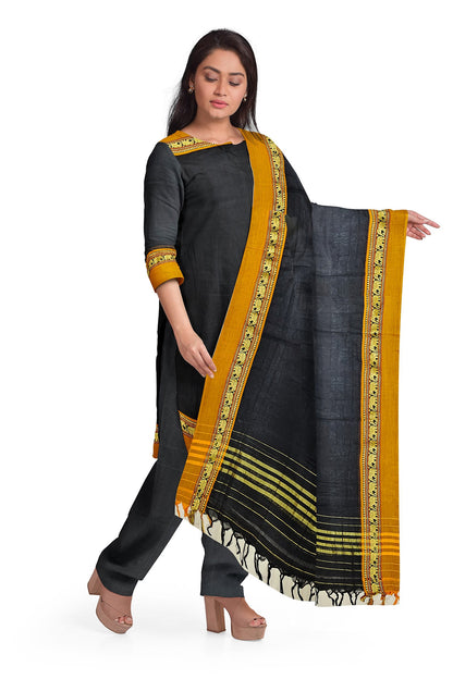Black 100% Pure Narayanpeth Cotton Elephant Border Dress Material