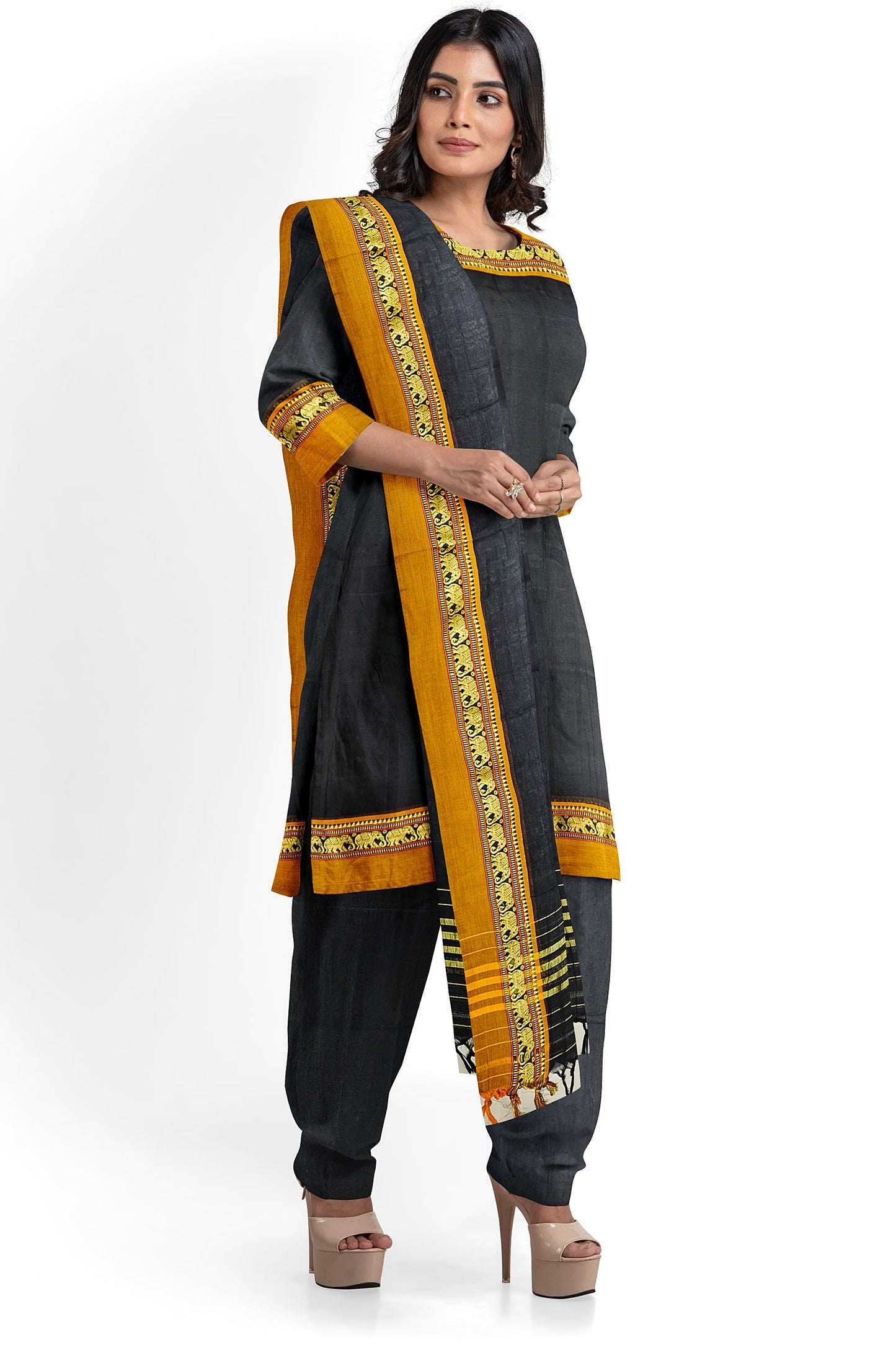 Black 100% Pure Narayanpeth Cotton Elephant Border Dress Material