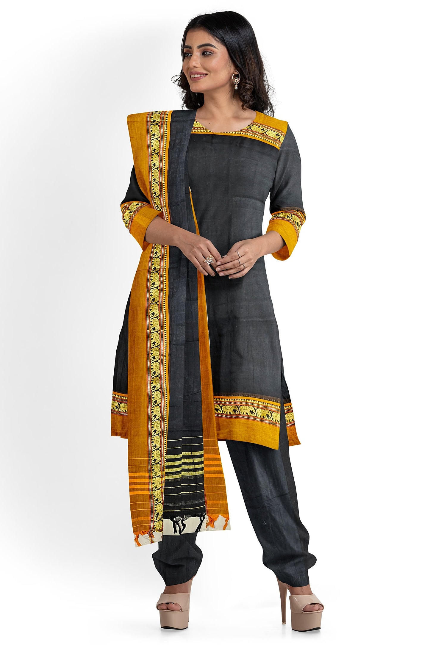 Black 100% Pure Narayanpeth Cotton Elephant Border Dress Material