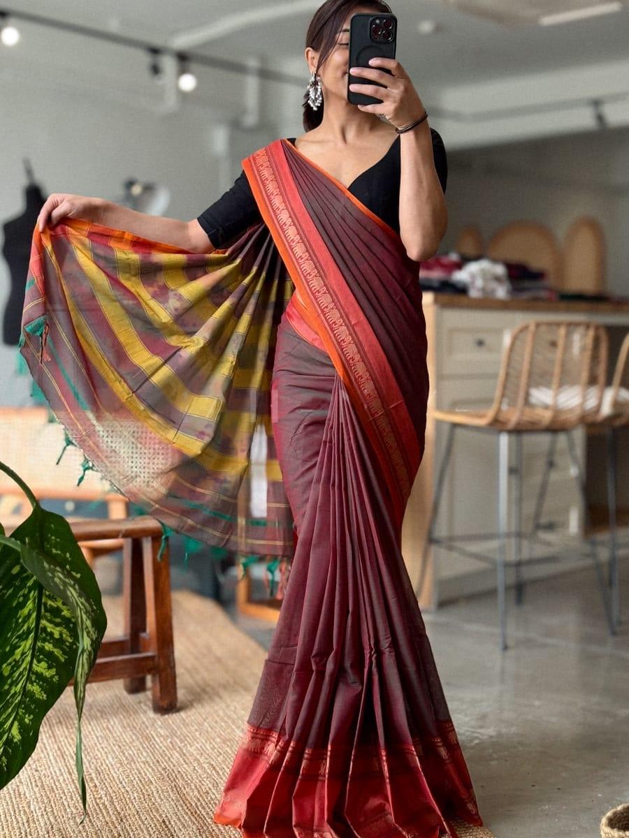 Aradhya Elephant Copper Jari Narayanpet Pure Cotton saree with Running blouse piece (Same as saree)