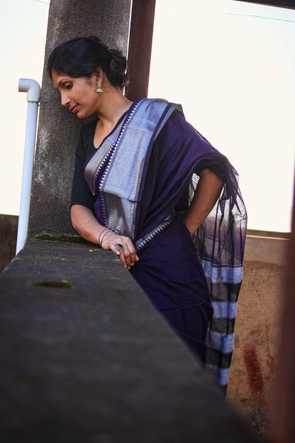 Voilet Sahitya Silver Jari Border Narayanpet Pure Cotton saree with Running blouse piece