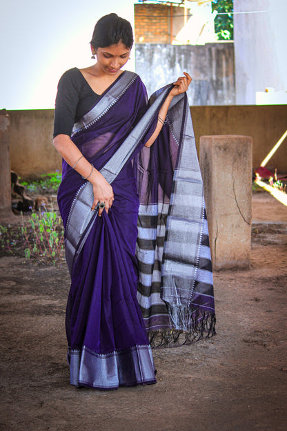 Voilet Sahitya Silver Jari Border Narayanpet Pure Cotton saree with Running blouse piece