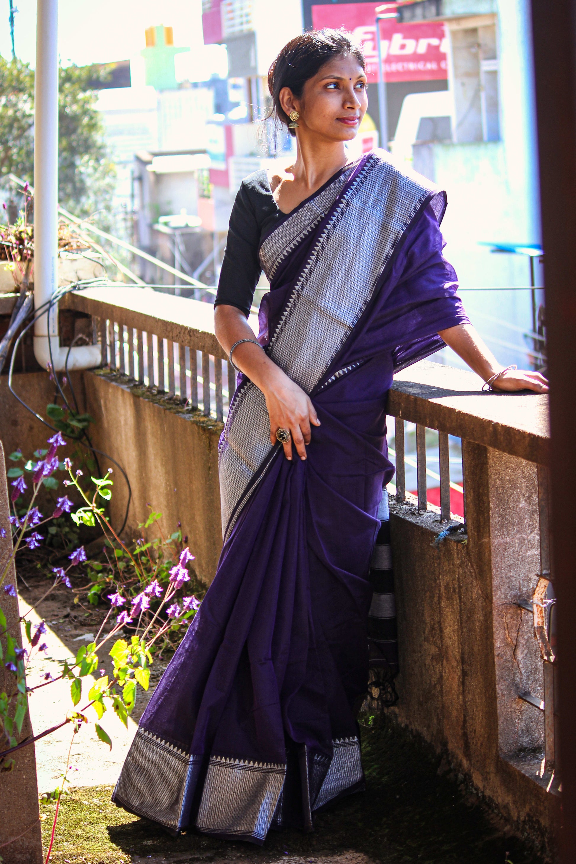 Voilet Sahitya Silver Jari Border Narayanpet Pure Cotton saree with Running blouse piece